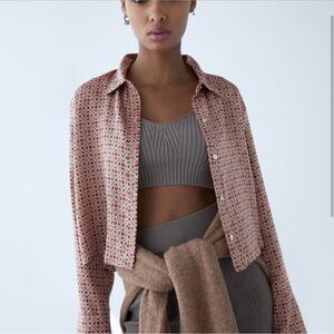 Zara Tan Floral Printed Cropped Button Up Satin-y Collared Top Extra Small